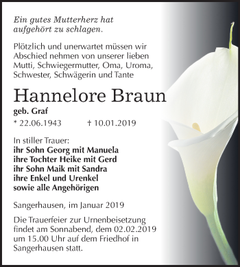 Traueranzeige von Hannelore Braun von Mitteldeutsche Zeitung Sangerhausen