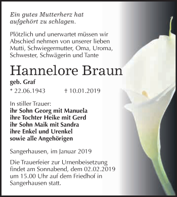Traueranzeige von Hannelore Braun von WVG - Wochenspiegel SGH