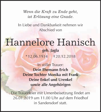 Traueranzeige von Hannelore Hanisch von WVG - Wochenspiegel Bitterfeld