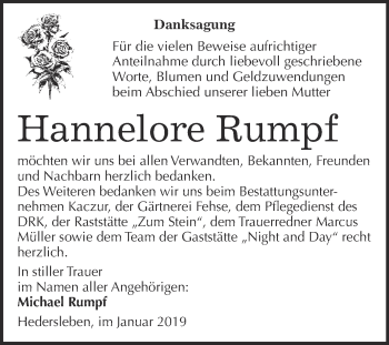 Traueranzeige von Hannelore Rumpf von WVG - Wochenspiegel Quedlinburg