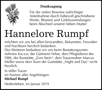 Traueranzeige von Hannelore Rumpf von Mitteldeutsche Zeitung Quedlinburg