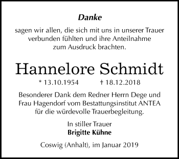 Traueranzeige von Hannelore Schmidt von Mitteldeutsche Zeitung