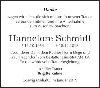Traueranzeige von Hannelore Schmidt von Super Sonntag Wittenberg