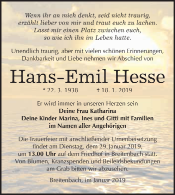 Traueranzeige von Hans-Emil Hesse von Super Sonntag SGH Mansf. Land