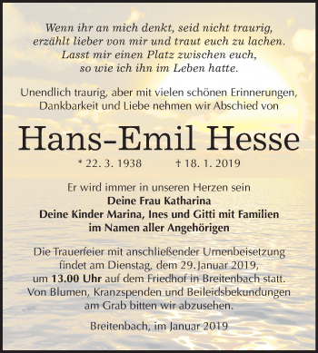 Traueranzeige von Hans-Emil Hesse von Mitteldeutsche Zeitung Sangerhausen