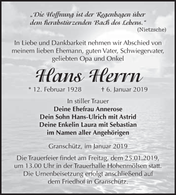 Traueranzeige von Hans Herrn von WVG - Wochenspiegel NMB / WSF / ZTZ