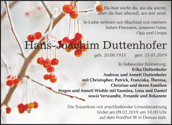 Traueranzeige von Hans-Joachim Duttenhofer von Mitteldeutsche Zeitung Dessau-Roßlau