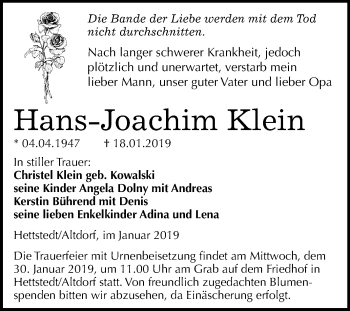 Traueranzeige von Hans-Joachim Klein von Mitteldeutsche Zeitung
