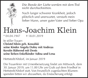 Traueranzeige von Hans-Joachim Klein von Super Sonntag SGH Mansf. Land