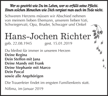 Traueranzeige von Hans-Jochen Richter von Super Sonntag Zeitz