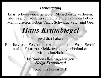 Traueranzeige von Hans Krumbiegel von Mitteldeutsche Zeitung Aschersleben