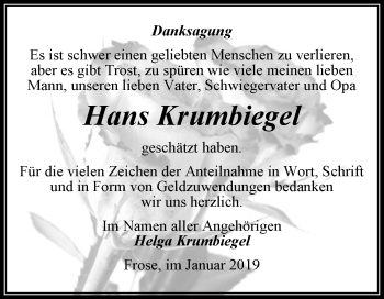 Traueranzeige von Hans Krumbiegel von Super Sonntag Aschersleben