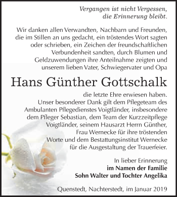 Traueranzeige von Hans Günther Gottschalk von Wochenspiegel Mansfelder Land