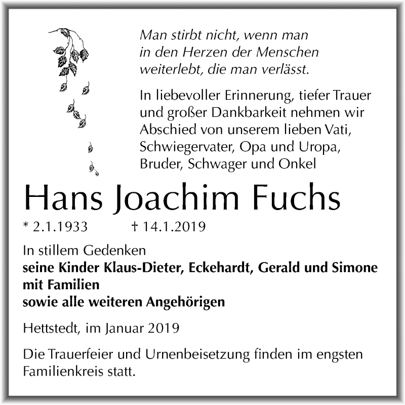  Traueranzeige für Hans Joachim Fuchs vom 17.01.2019 aus Mitteldeutsche Zeitung