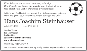 Traueranzeige von Hans Joachim Steinhäuser von Wochenspiegel Mansfelder Land