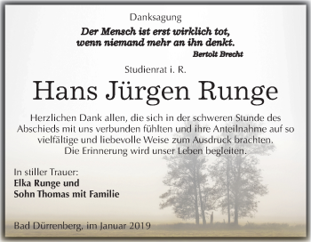 Traueranzeige von Hans Jürgen Runge von Mitteldeutsche Zeitung Merseburg/Querfurt