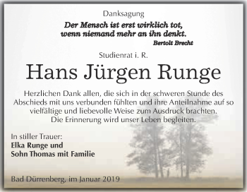 Traueranzeige von Hans Jürgen Runge von Super Sonntag Merseburg