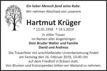 Traueranzeige von Hartmut Krüger von Super Sonntag Wittenberg