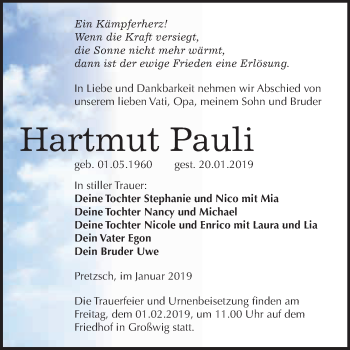 Traueranzeige von Hartmut Pauli von WVG - Wochenspiegel Wittenberg