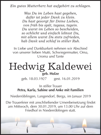 Traueranzeige von Hedwig Kaldewei von Mitteldeutsche Zeitung Sangerhausen