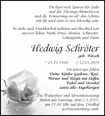 Traueranzeige von Hedwig Schröter von WVG - Wochenspiegel Dessau / Köthen