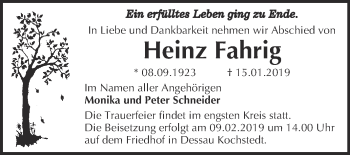 Traueranzeige von Heinz Fahrig von WVG - Wochenspiegel Dessau / Köthen