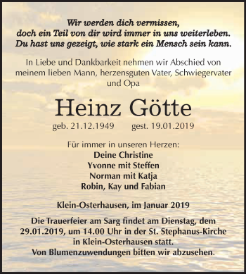 Traueranzeige von Heinz Götte von Super Sonntag SGH Mansf. Land