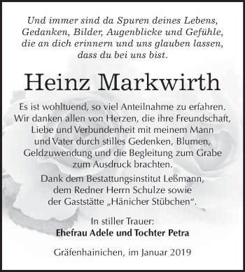 Traueranzeige von Heinz Markwirth von WVG - Wochenspiegel Wittenberg