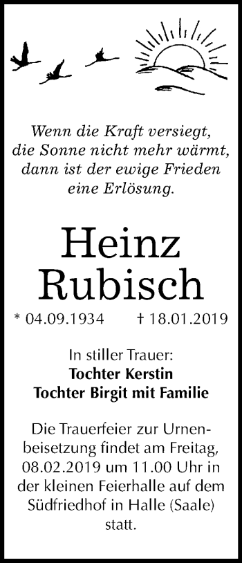 Traueranzeige von Heinz Rubisch von Mitteldeutsche Zeitung Halle/Saalkreis