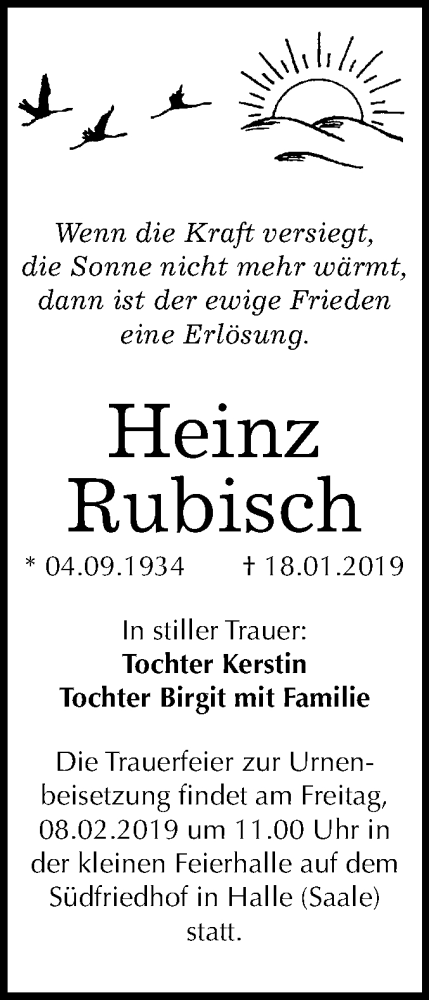  Traueranzeige für Heinz Rubisch vom 23.01.2019 aus Mitteldeutsche Zeitung Halle/Saalkreis
