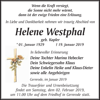 Traueranzeige von Helene Westphal von WVG - Wochenspiegel Quedlinburg