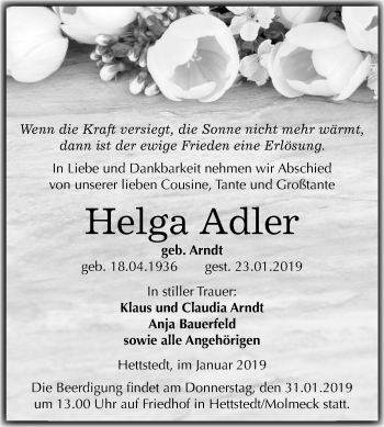 Traueranzeige von Helga Adler von Mitteldeutsche Zeitung