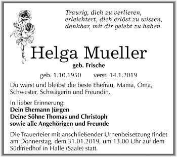 Traueranzeige von Helga Mueller von Mitteldeutsche Zeitung Halle/Saalkreis