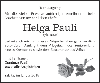 Traueranzeige von Helga Pauli von Super Sonntag Zeitz