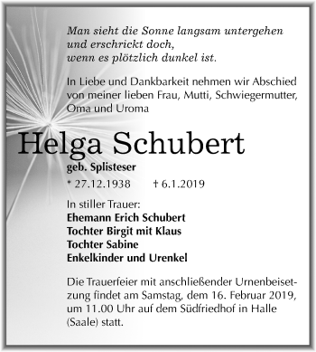 Traueranzeige von Helga Schubert von Mitteldeutsche Zeitung Halle/Saalkreis