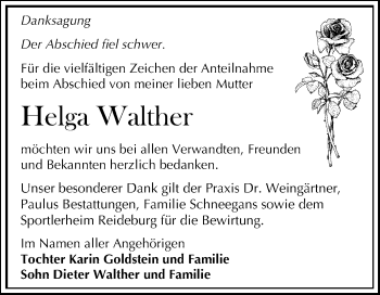 Traueranzeige von Helga Walther von Mitteldeutsche Zeitung Halle/Saalkreis