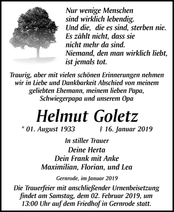 Traueranzeige von Helmut Goletz von Mitteldeutsche Zeitung Quedlinburg