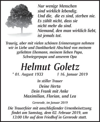 Traueranzeige von Helmut Goletz von WVG - Wochenspiegel Quedlinburg