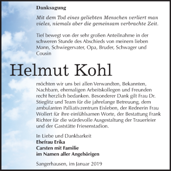 Traueranzeige von Helmut Kohl von Mitteldeutsche Zeitung