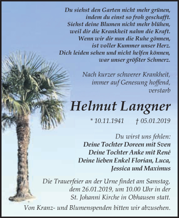 Traueranzeige von Helmut Langner von WVG - Wochenspiegel Merseburg