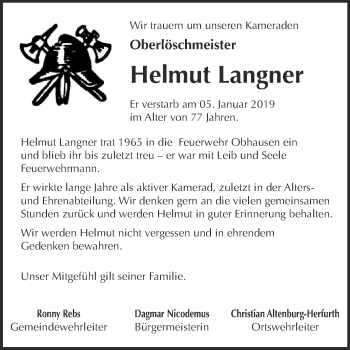 Traueranzeige von Helmut Langner von Super Sonntag Merseburg