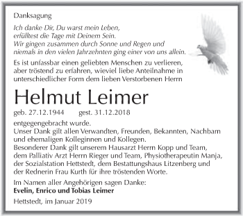 Traueranzeige von Helmut Leimer von Wochenspiegel Mansfelder Land