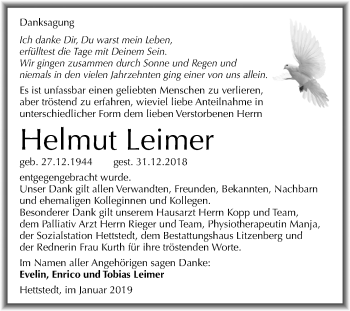Traueranzeige von Helmut Leimer von Mitteldeutsche Zeitung Mansfelder Land