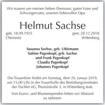 Traueranzeige von Helmut Sachse von WVG - Wochenspiegel Wittenberg