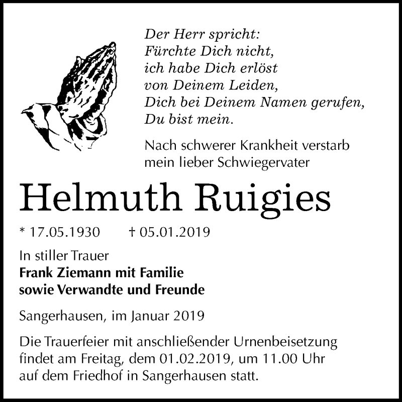  Traueranzeige für Helmuth Ruigies vom 18.01.2019 aus Mitteldeutsche Zeitung Sangerhausen
