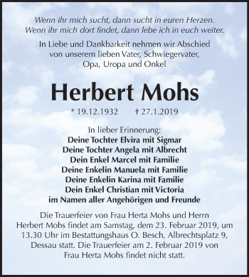 Traueranzeige von Herbert Mohs von Mitteldeutsche Zeitung Dessau-Roßlau