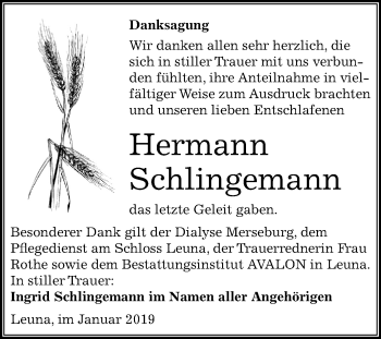 Traueranzeige von Hermann Schlingemann von Mitteldeutsche Zeitung Merseburg/Querfurt