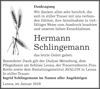 Traueranzeige von Hermann Schlingemann von WVG - Wochenspiegel Merseburg