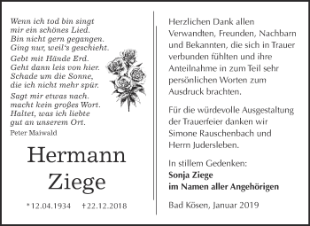 Traueranzeige von Hermann Ziege von WVG - Wochenspiegel NMB / WSF / ZTZ