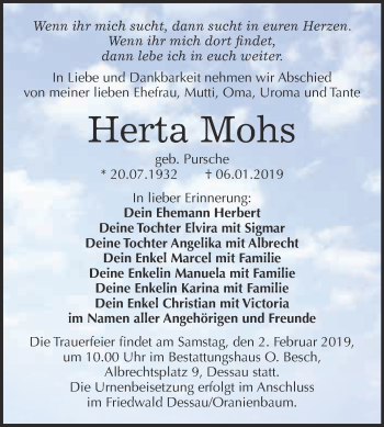 Traueranzeige von Herta Mohs von WVG - Wochenspiegel Dessau / Köthen